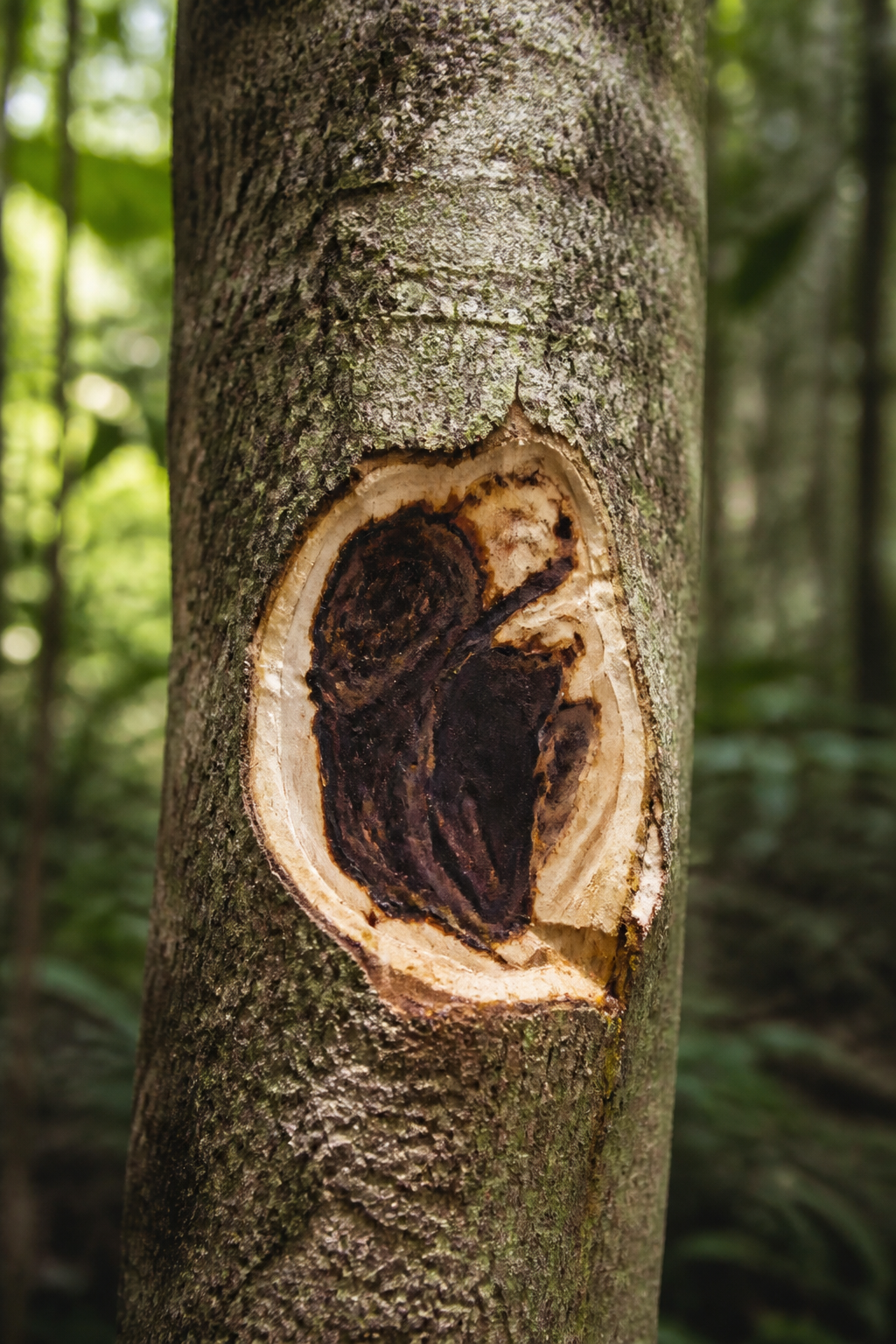 Dark resin forming within a naturally wounded agarwood tree