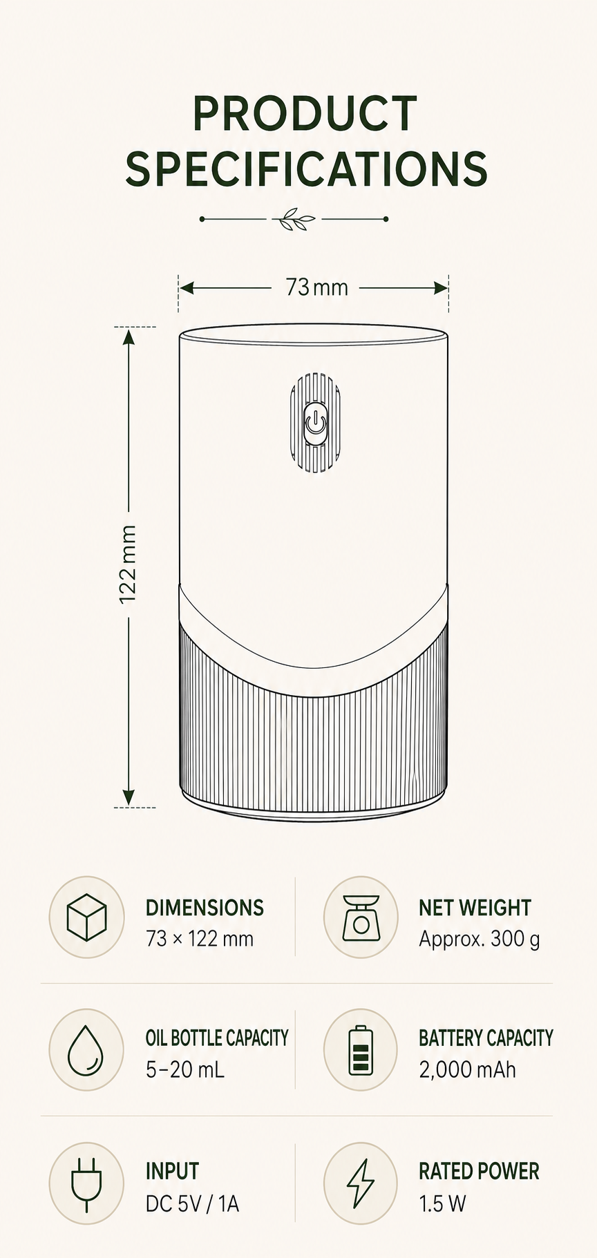 Waterless diffuser dimensions and primary product specifications