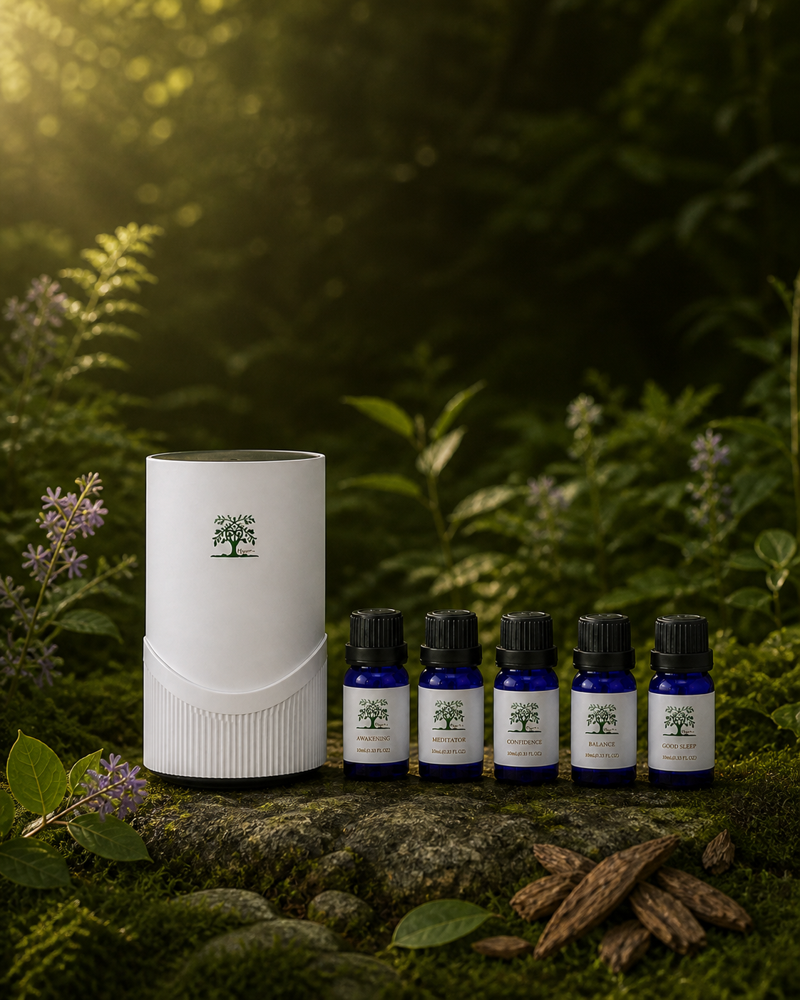 Scent by Hyun diffuser and five essential oils in a botanical setting